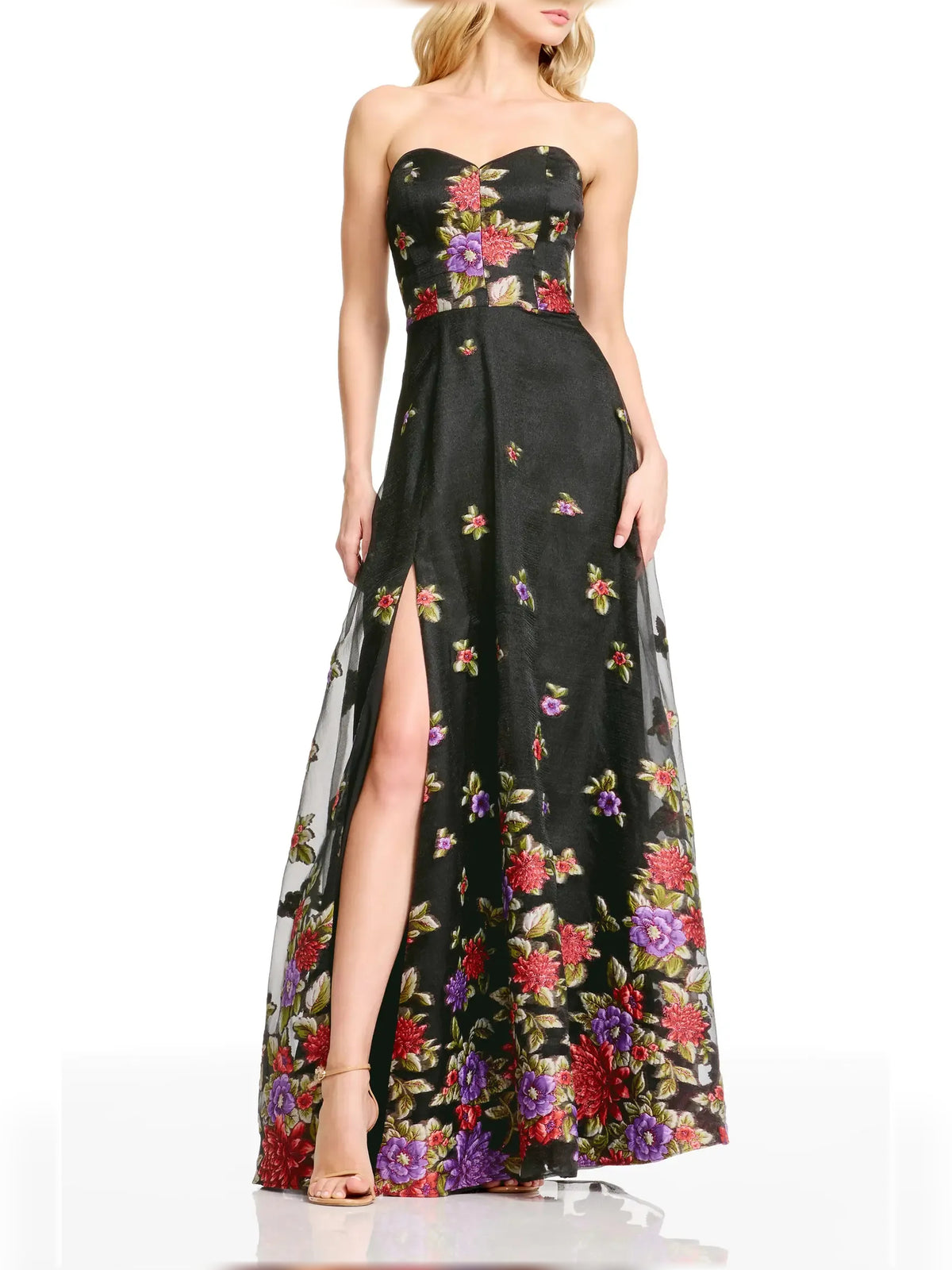 Black a-line floor-length formal dress with corset-style bodice, alternate view