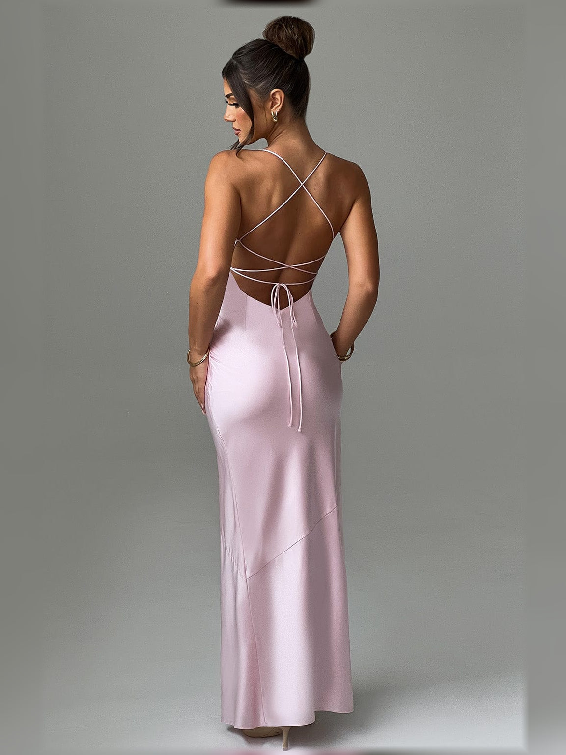Ink Blue mermaid floor-length formal dress with skirt slit, alternate view showing the waist