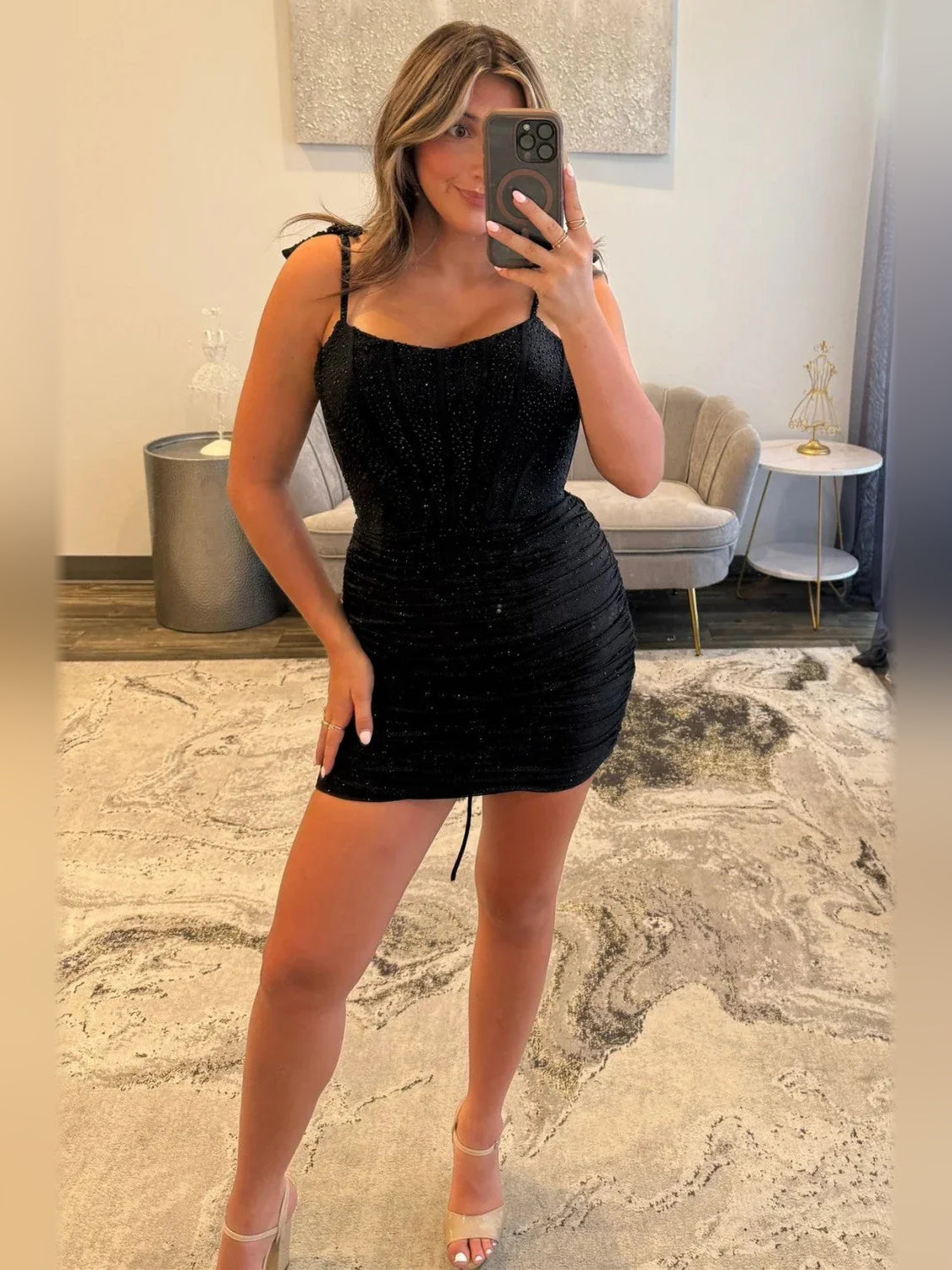 Black mini homecoming dress, alternate view showing the overall dress design