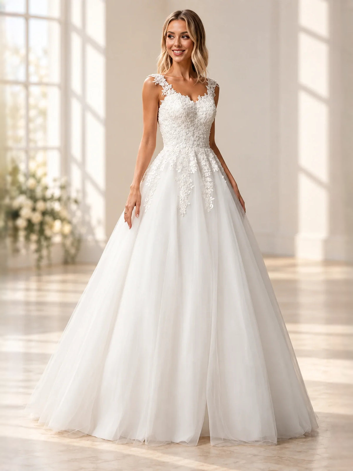 White floor-length wedding dress, alternate view showing the overall dress design