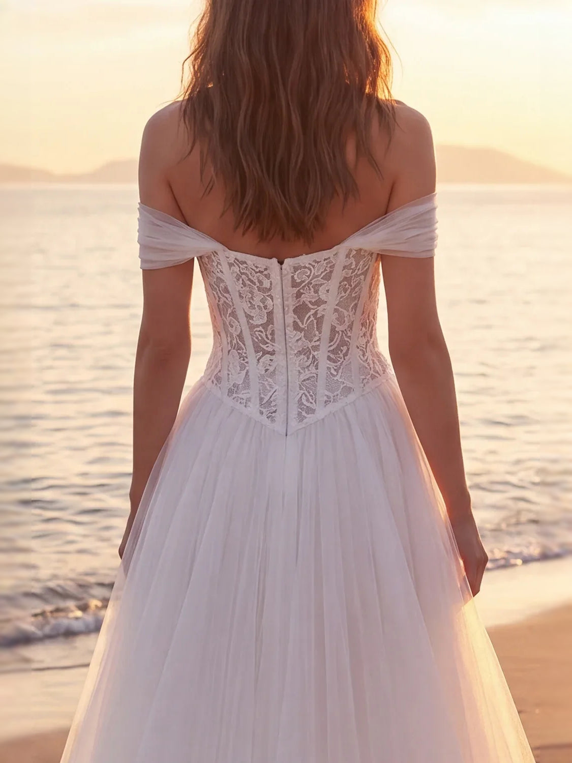 Ivory floor-length wedding dress, alternate view showing the overall dress design