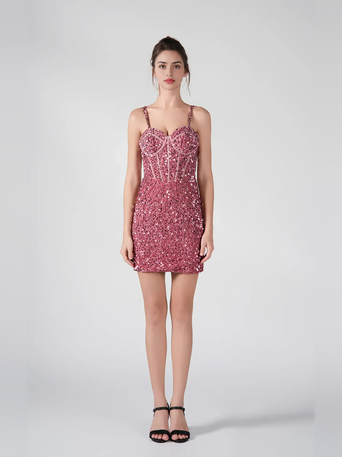Rose Gold mini homecoming dress, alternate view showing the overall dress design