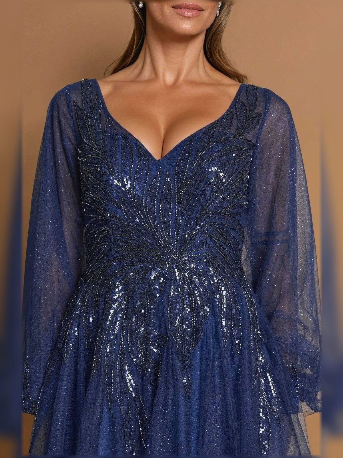 Navy Blue maxi mother of the bride dress, alternate view showing the overall dress design