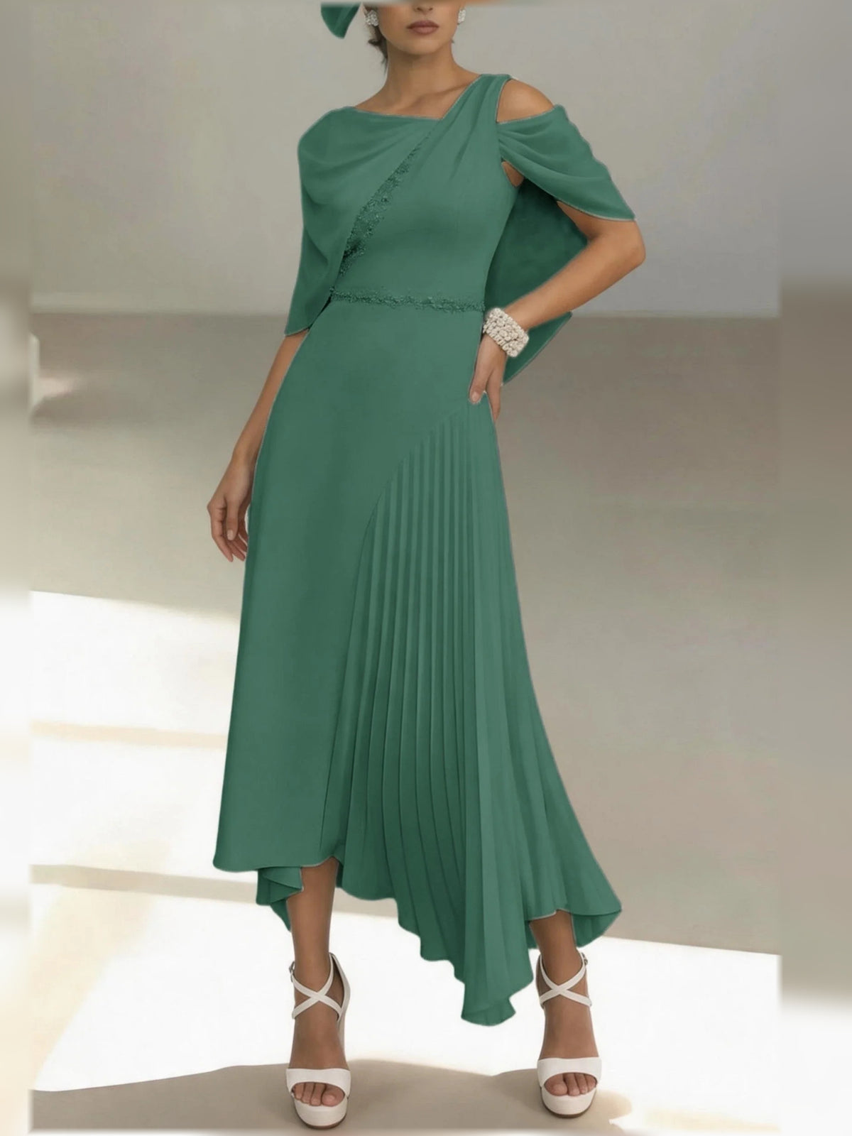 Emerald Green midi mother of the bride dress, alternate view showing the overall dress design