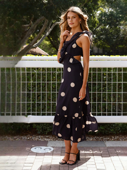 Black midi formal dress with printed pattern, alternate view showing the waist