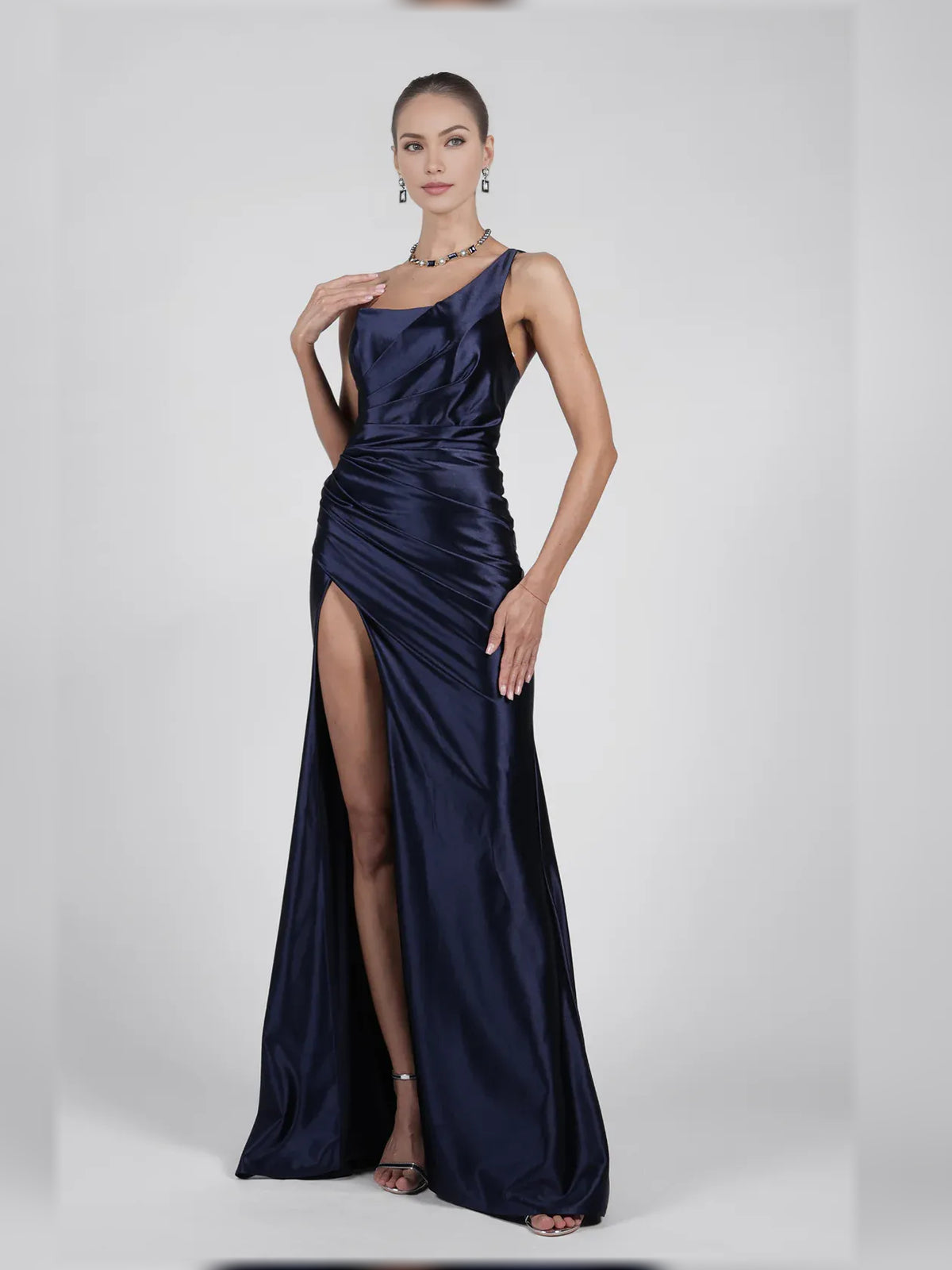 Navy Blue mermaid floor-length formal dress with skirt slit, alternate view showing the waist