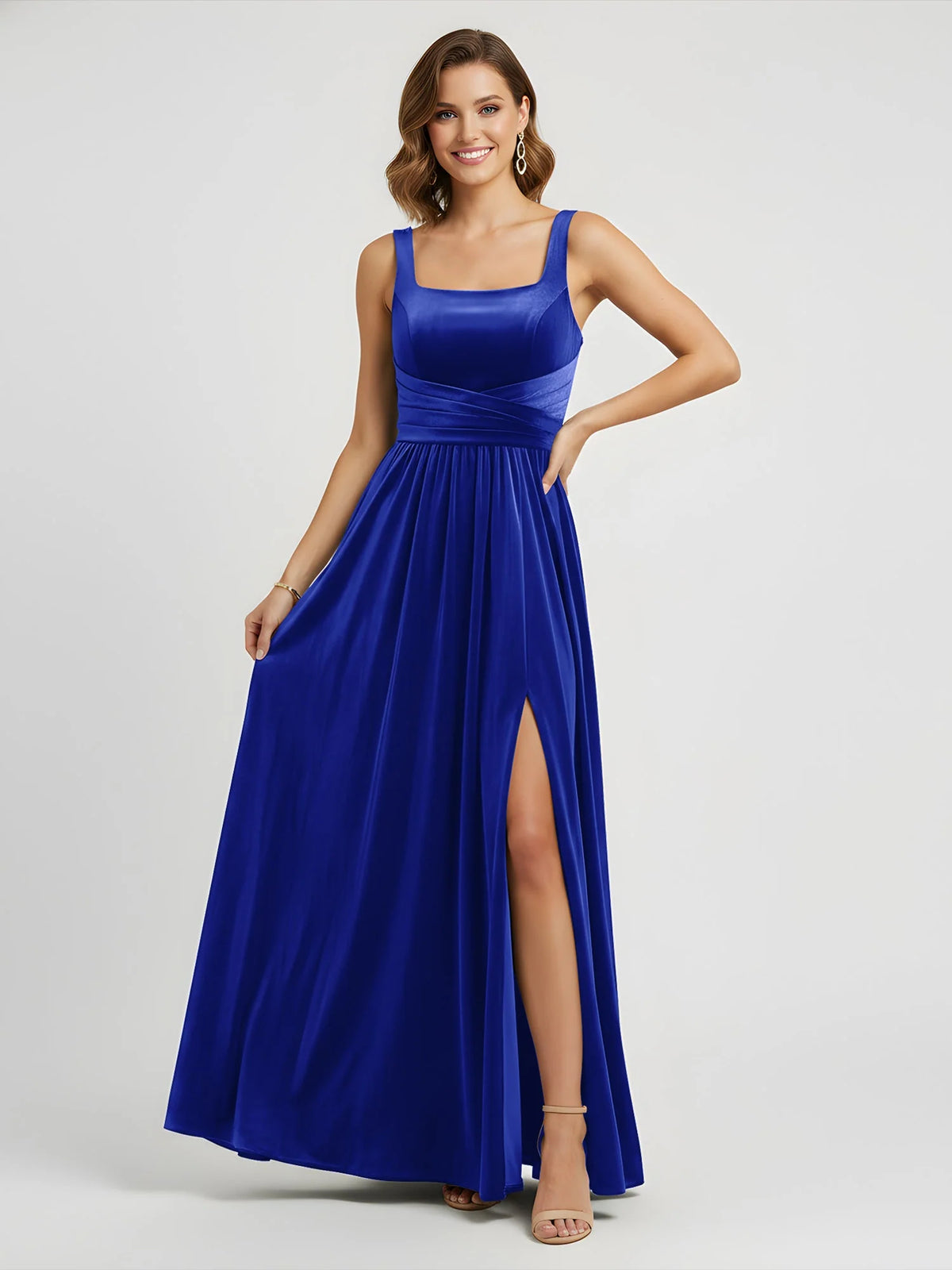 Royal Blue a-line floor-length formal dress with ruching, alternate view