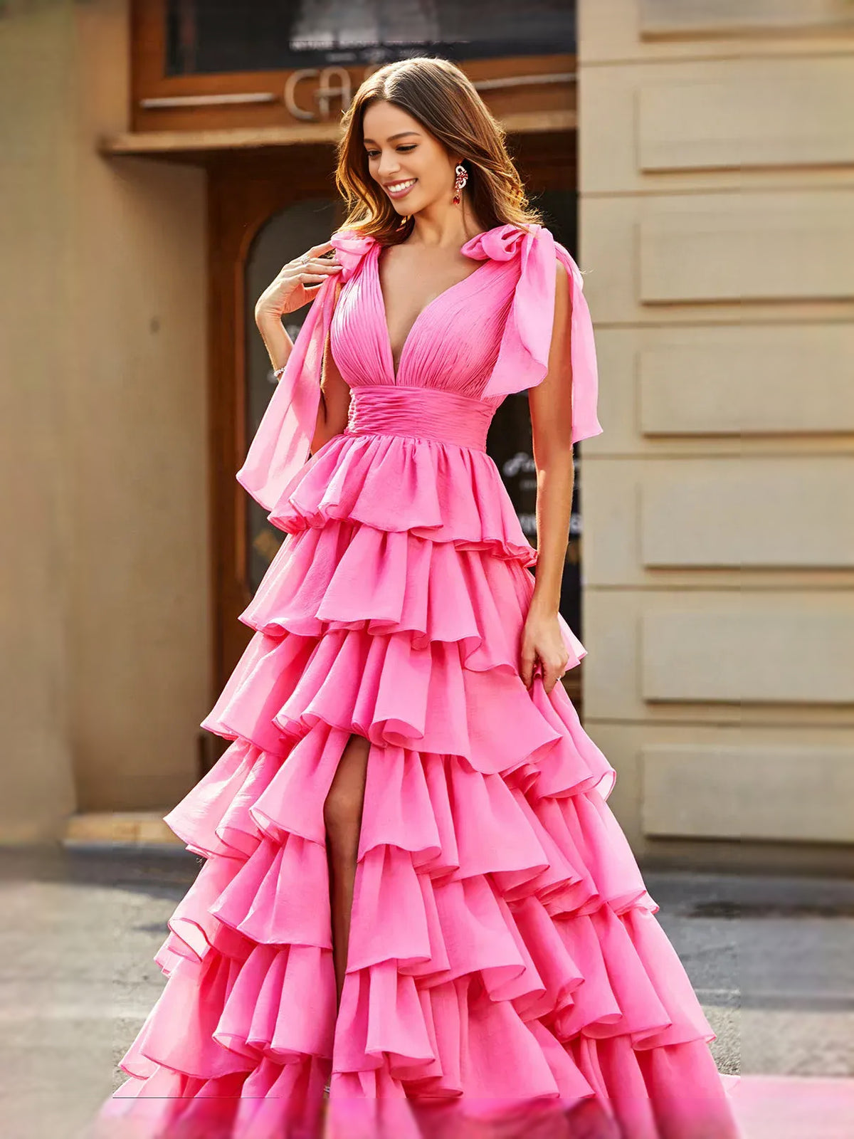 Fuchsia floor-length prom dress, alternate view showing the overall dress design