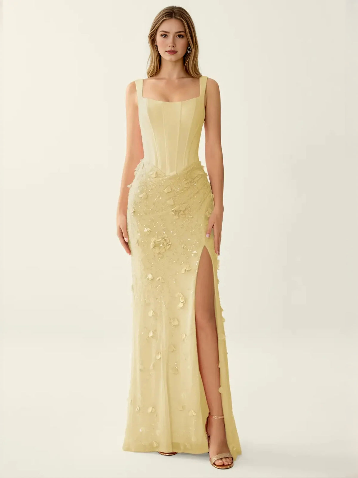 Yellow maxi prom dress, alternate view showing the overall dress design