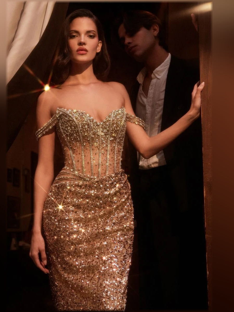 Gold mermaid floor-length formal dress with beading, alternate view