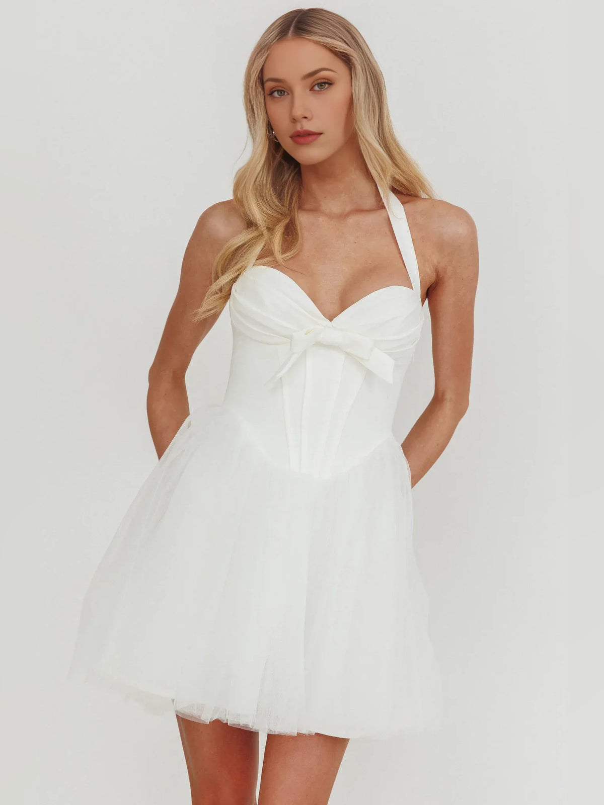 White mini homecoming dress, alternate view showing the overall dress design
