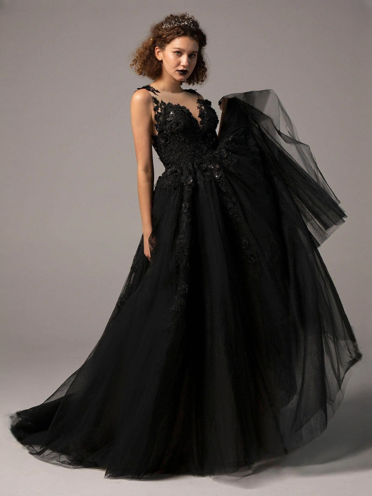 Black floor-length wedding dress, alternate view showing the overall dress design