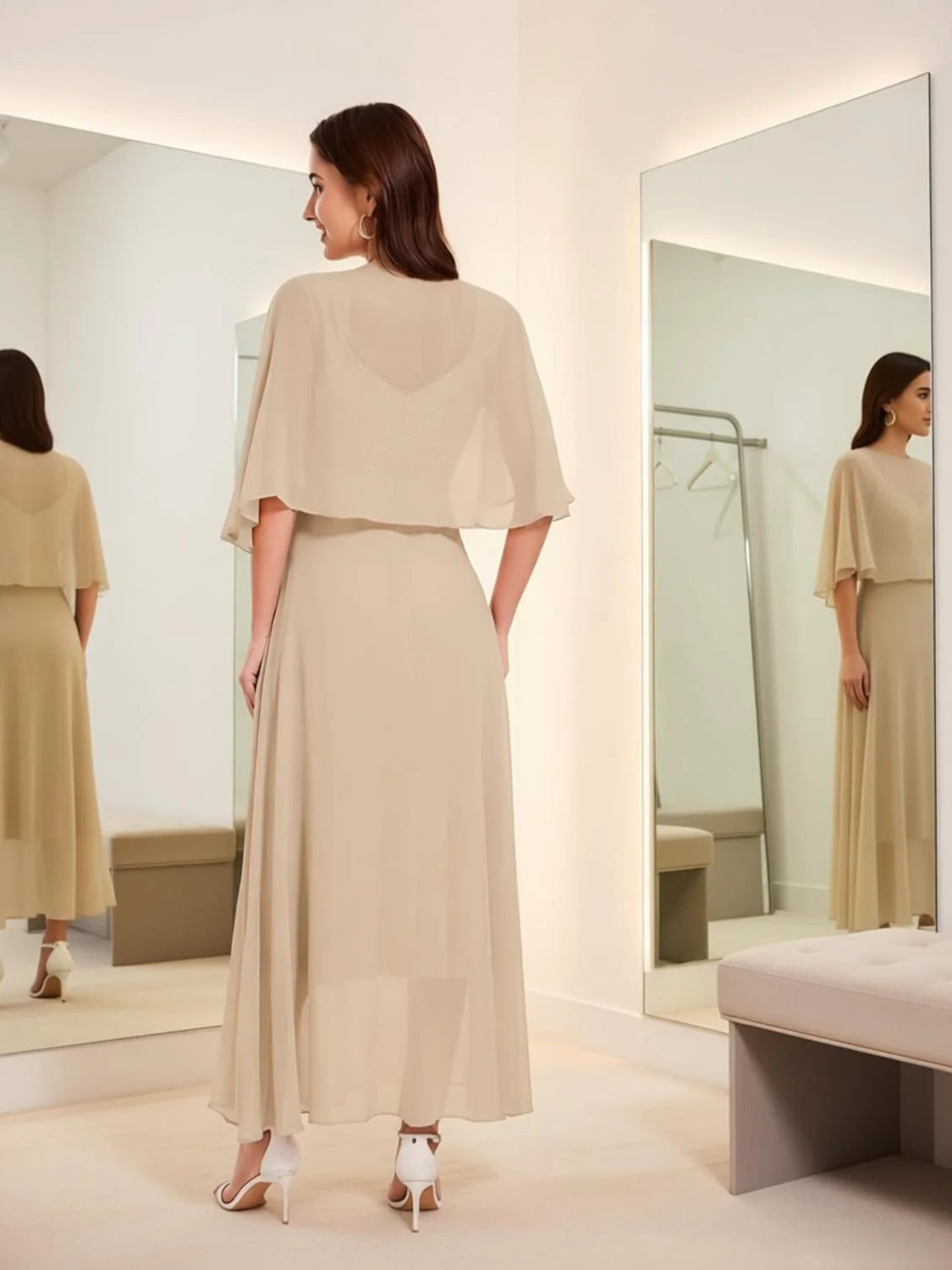 Champagne midi mother of the bride dress, alternate view showing the overall dress design