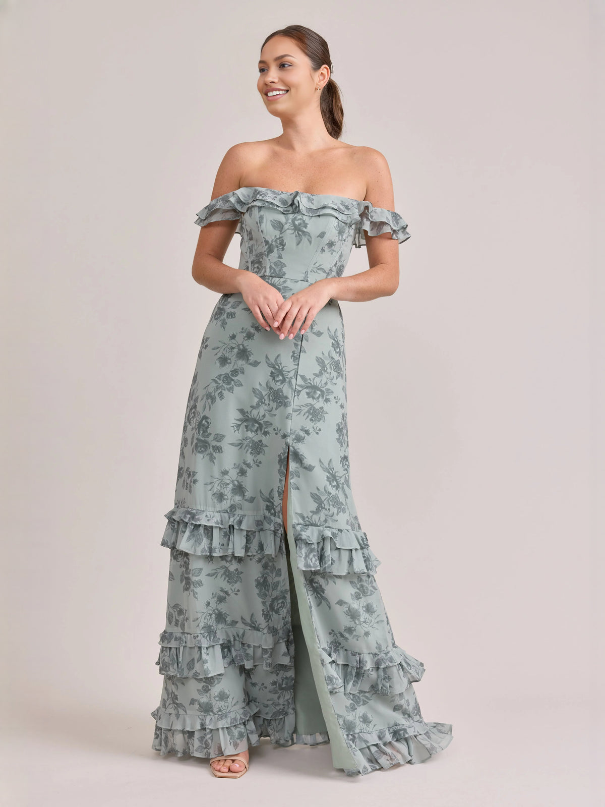 Sage maxi prom dress, alternate view showing the overall dress design