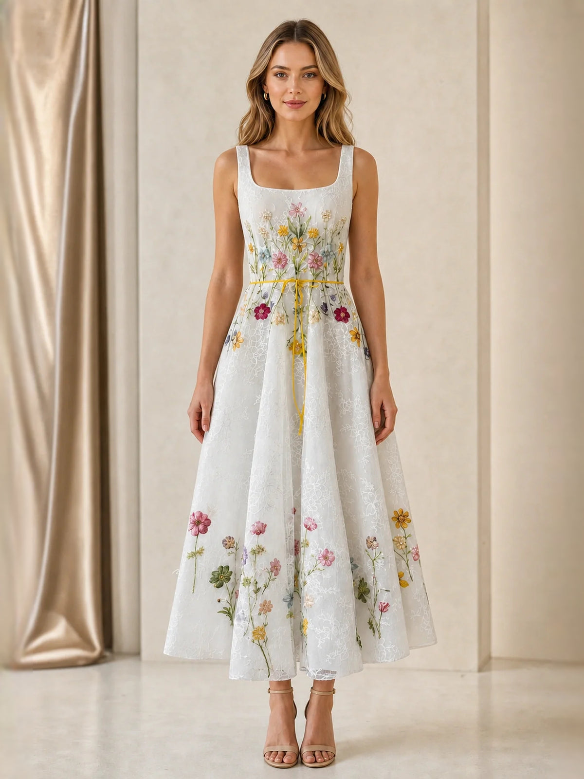 Ivory midi bridesmaid dress, alternate view showing the overall dress design