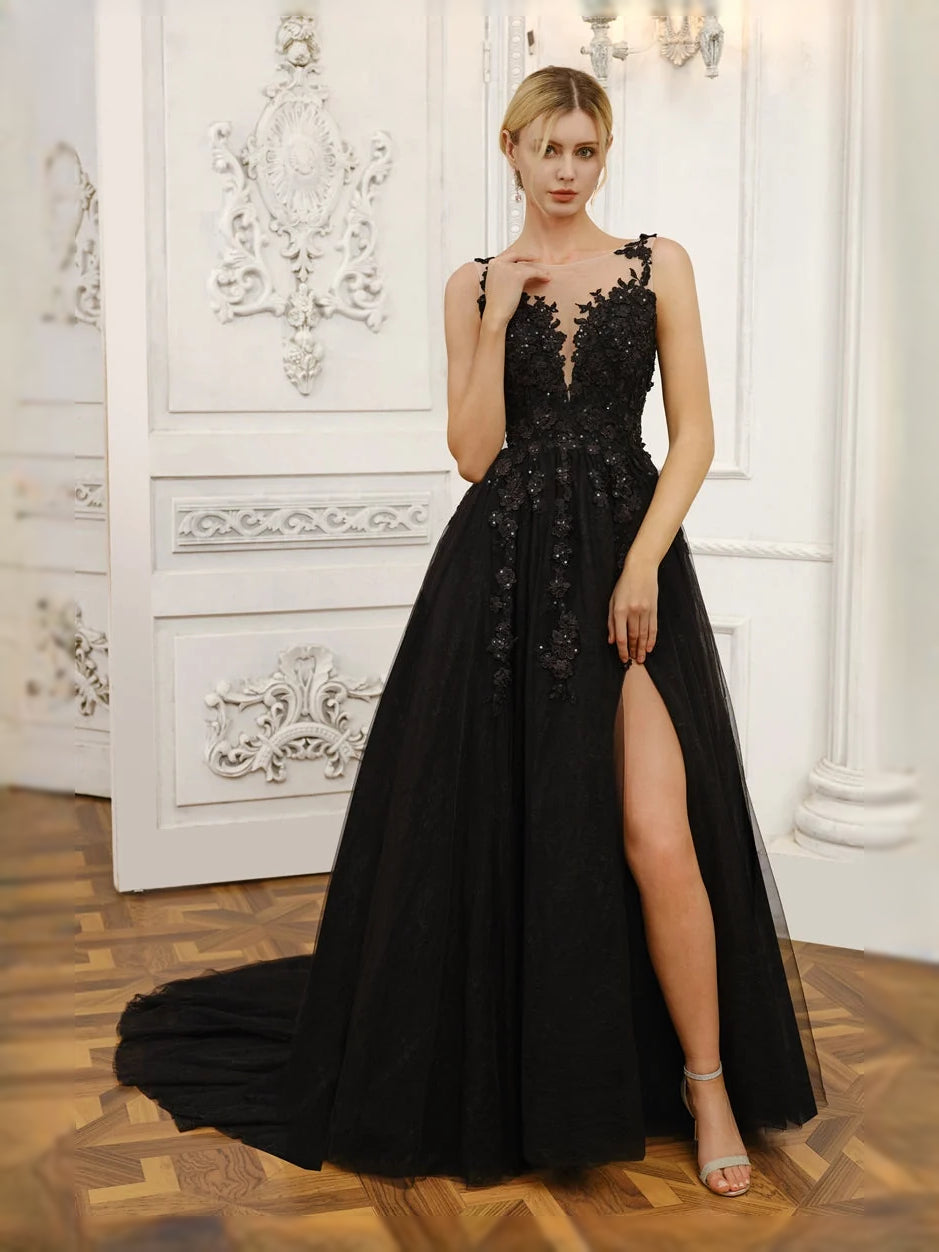 Black floor-length wedding dress, alternate view showing the overall dress design