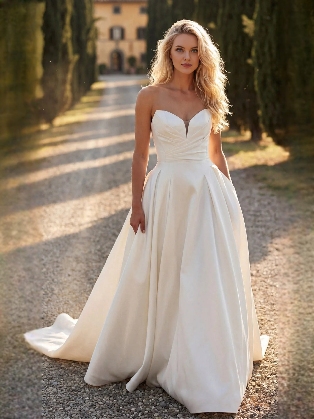 Ivory floor-length wedding dress, alternate view showing the overall dress design