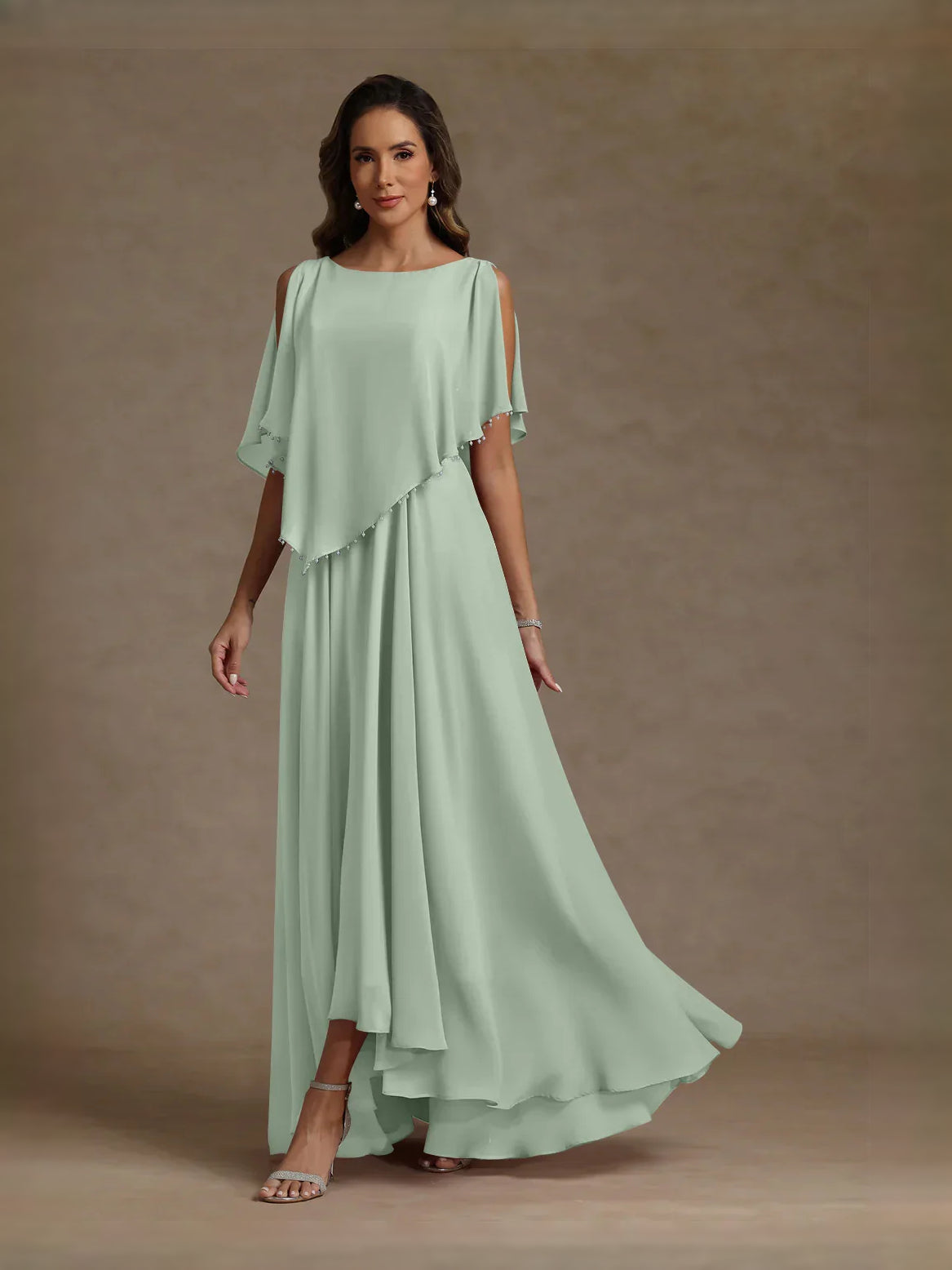 Sage Green floor-length mother of the bride dress, alternate view showing the overall dress design