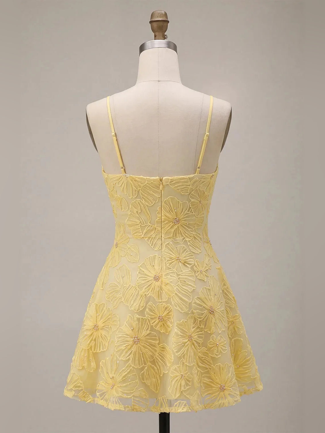 Yellow mini homecoming dress, alternate view showing the overall dress design