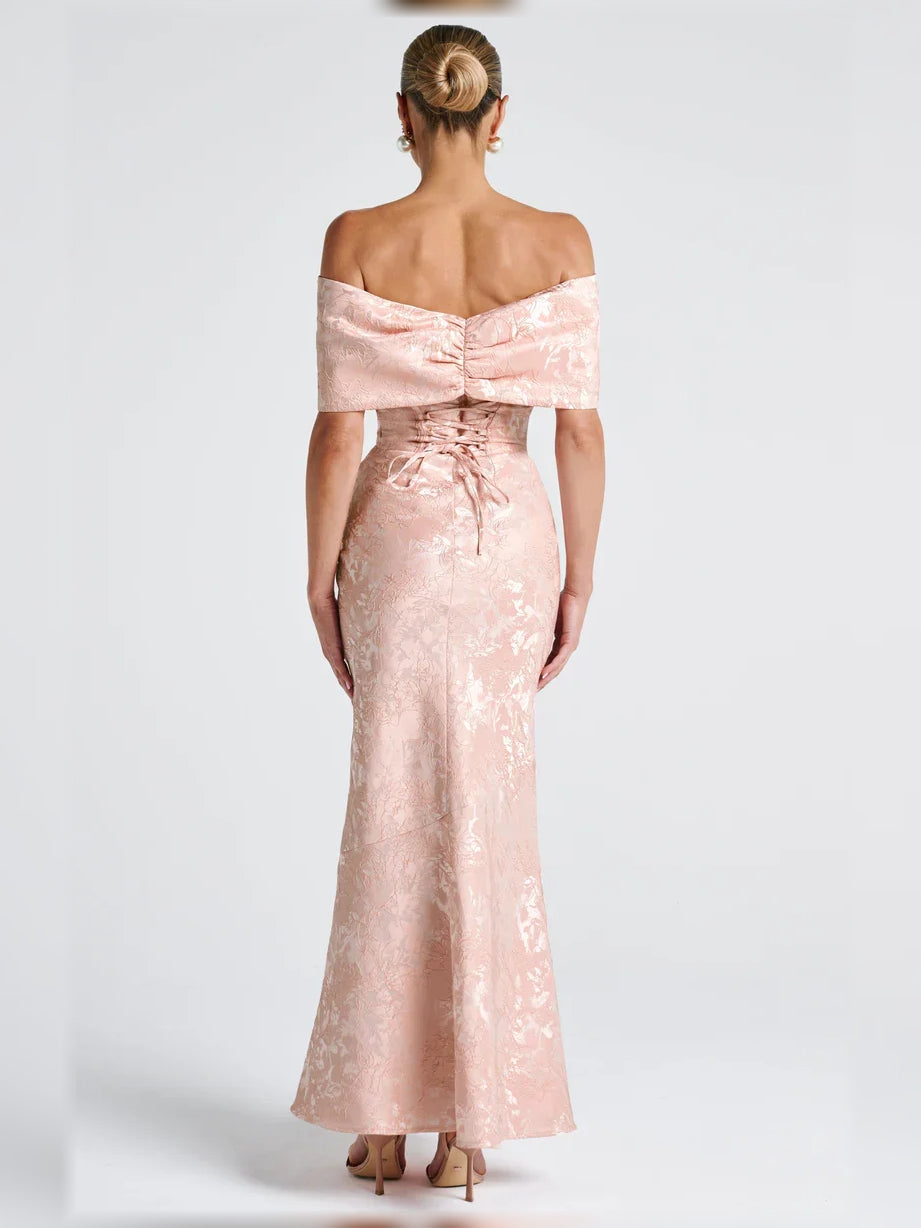 Peach mermaid floor-length formal dress with bow detail, alternate view