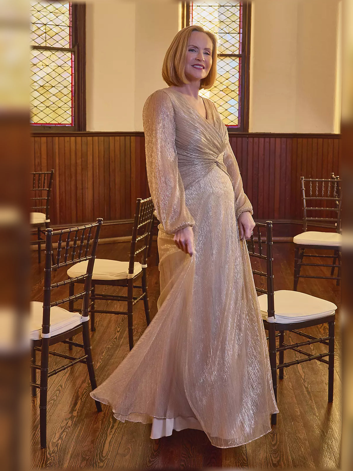 Rose Gold floor-length mother of the bride dress, alternate view showing the overall dress design