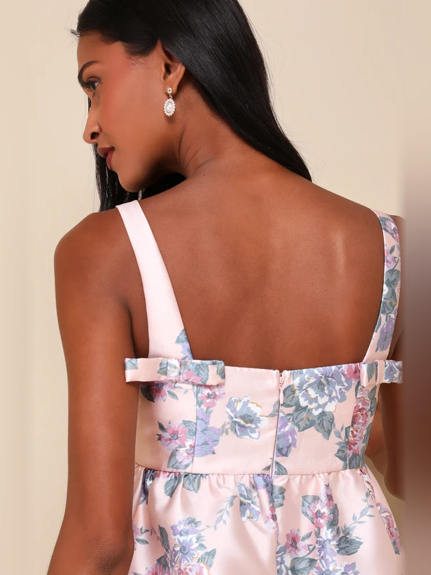 Pink Floral mini homecoming dress, alternate view showing the overall dress design