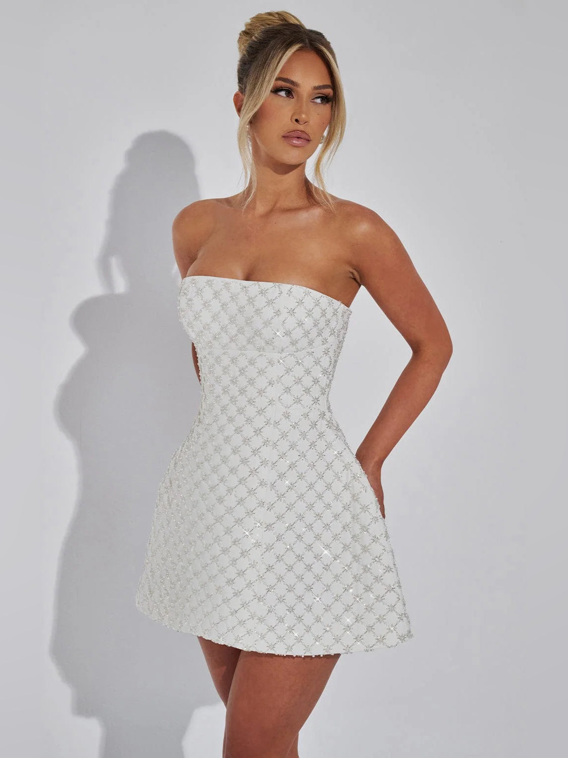 Ivory mini homecoming dress, alternate view showing the overall dress design