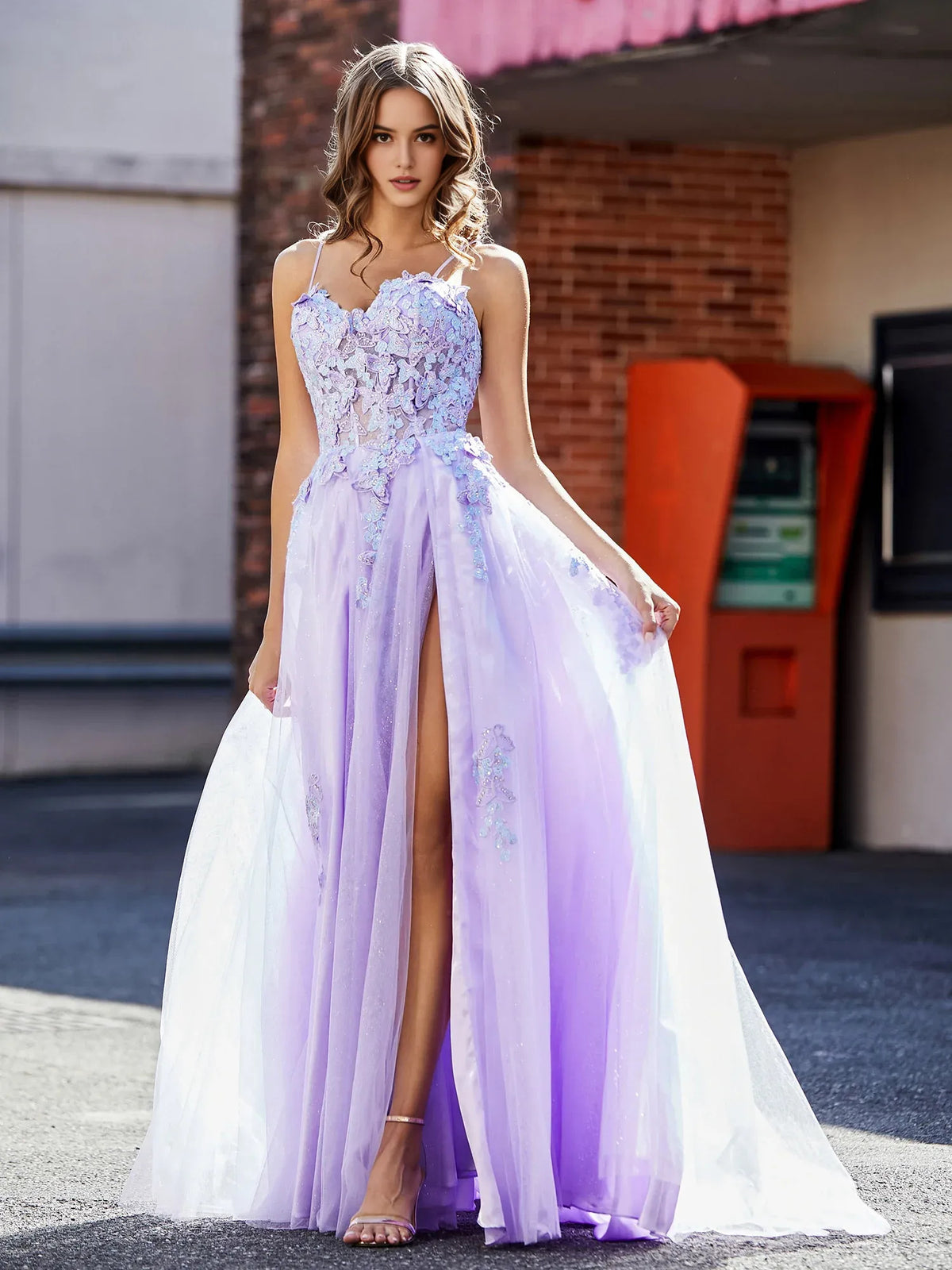 Lilac floor-length prom dress, alternate view showing the overall dress design