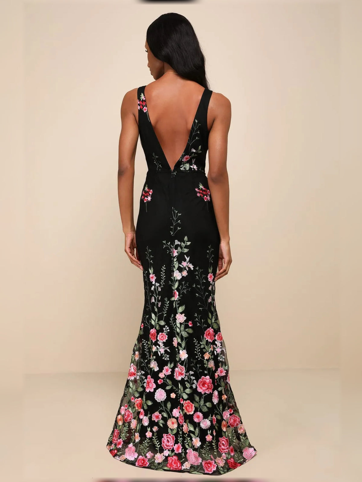Black sheath floor-length formal dress with embroidery, alternate view showing the waist