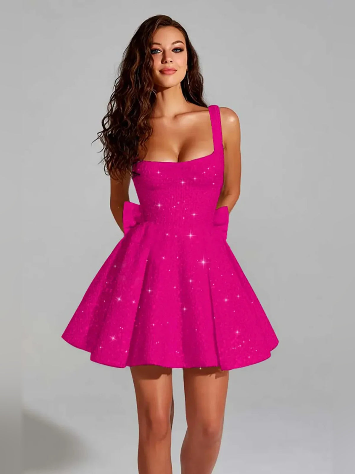 Fuchsia mini homecoming dress, alternate view showing the overall dress design