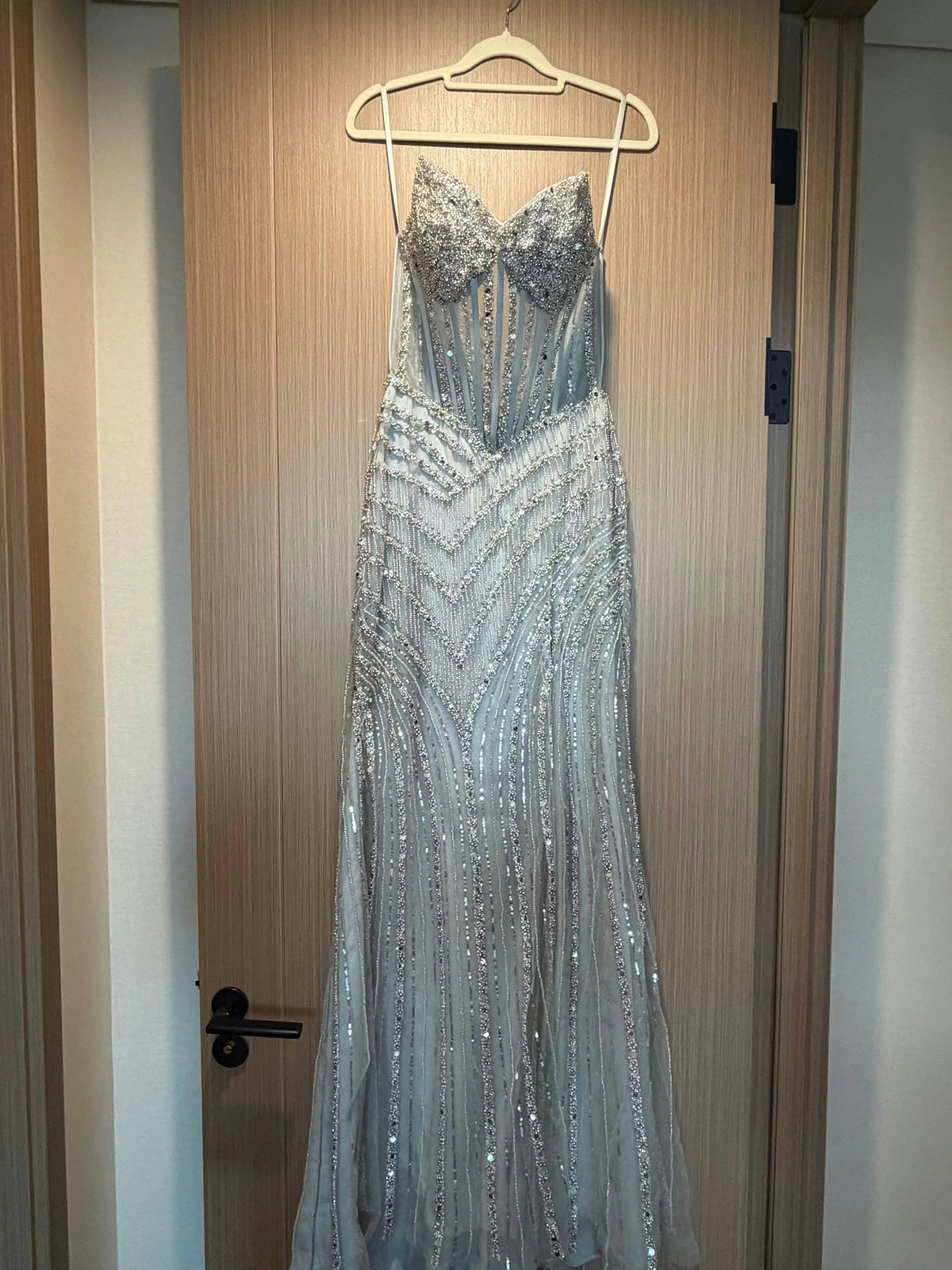 Silver mermaid floor-length formal dress with skirt slit, alternate view
