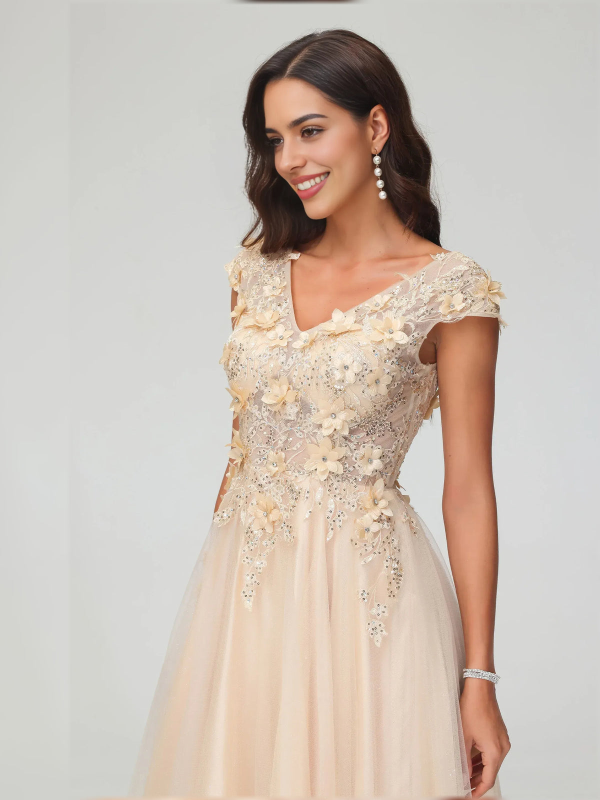 Champagne a-line floor-length formal dress with floral print, alternate view
