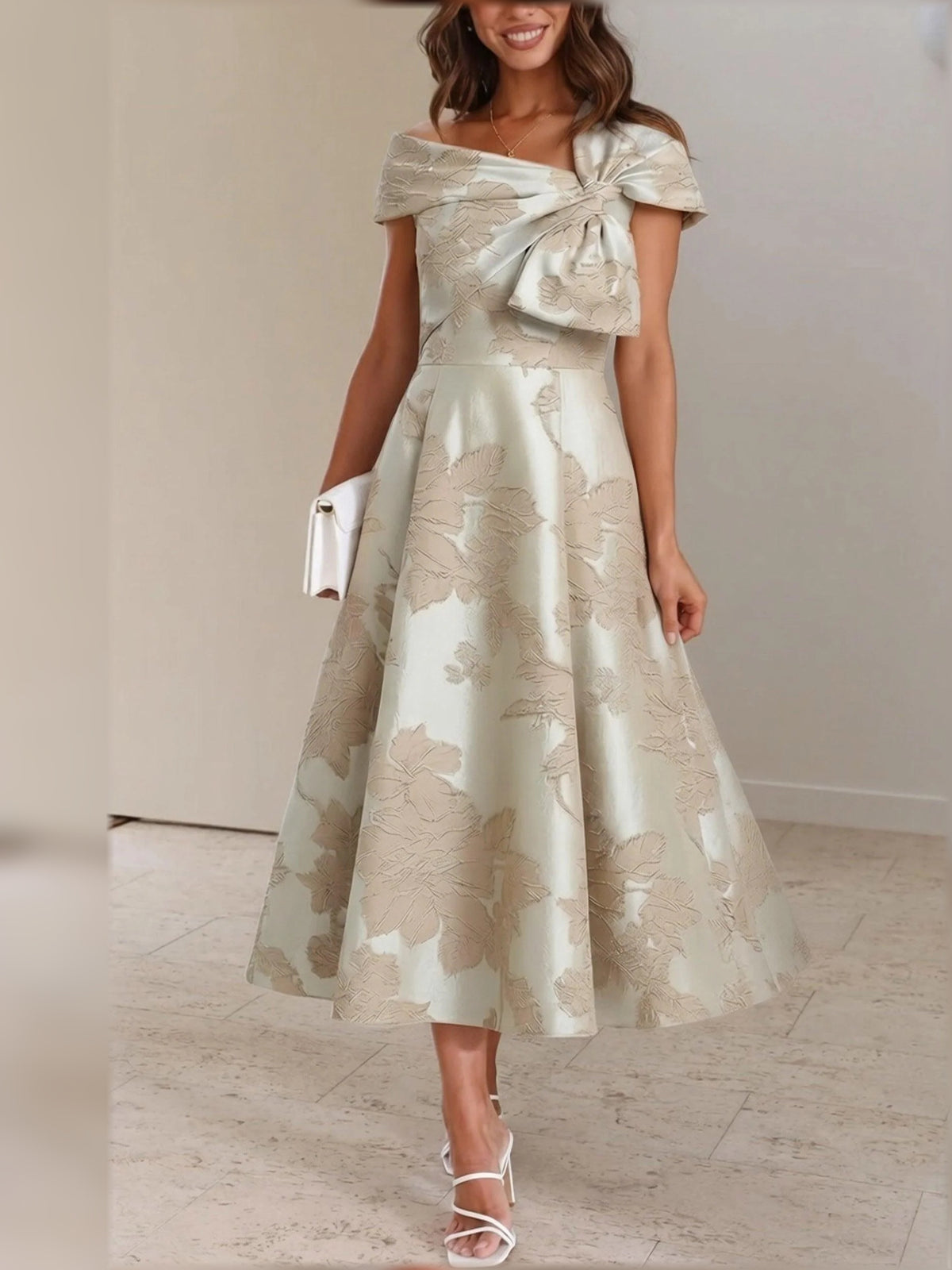 Champagne tea-length mother of the bride dress, alternate view showing the overall dress design