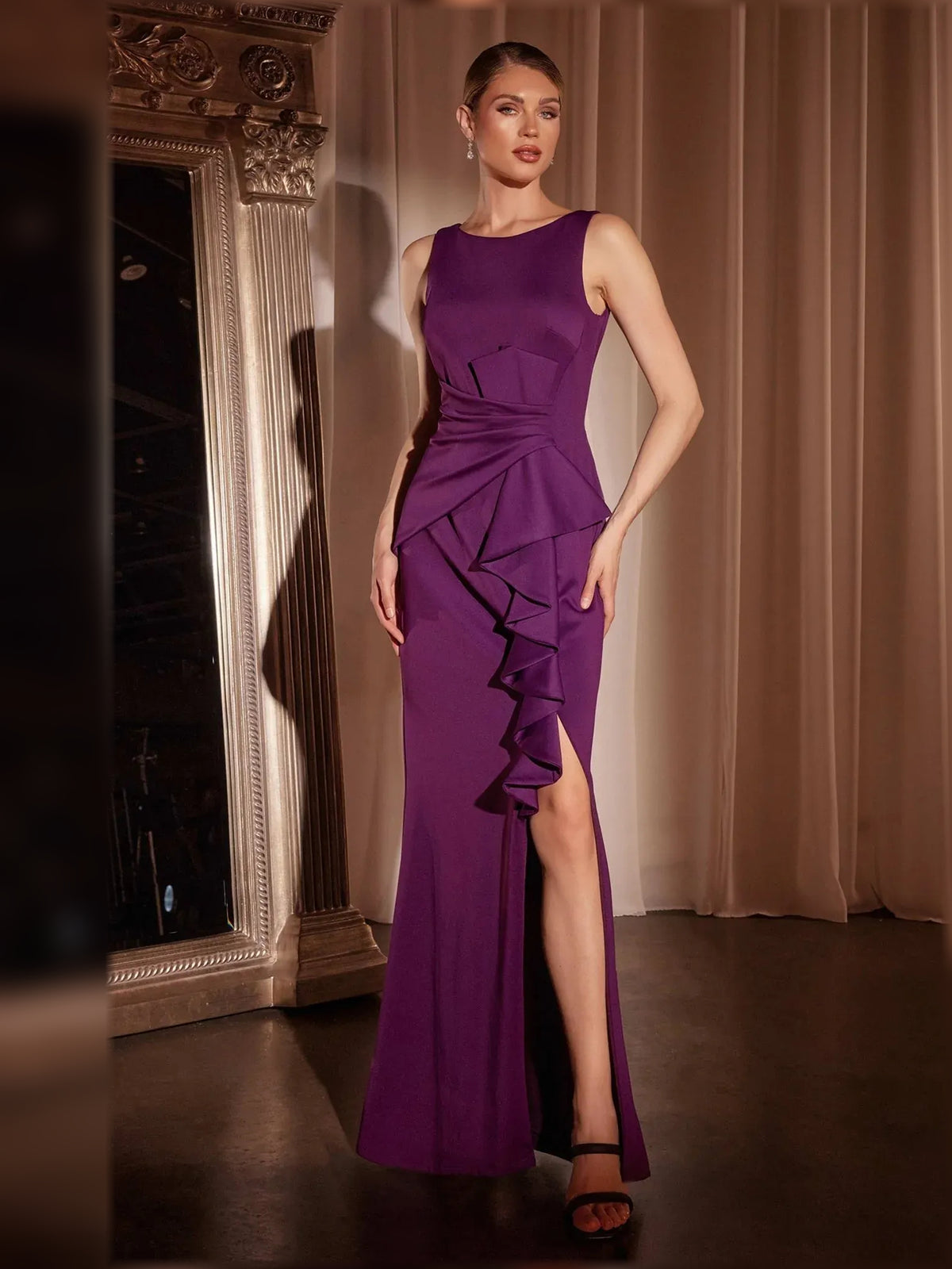 Deep Purple mermaid floor-length formal dress with ruffle details, alternate view