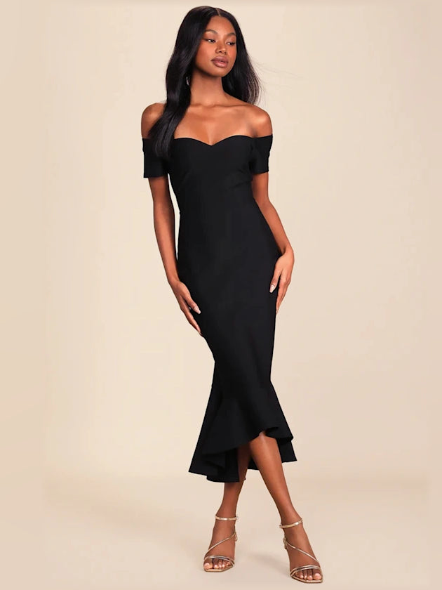 Black midi formal dress with off-the-shoulder neckline, alternate view showing the waist