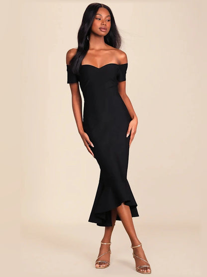 Black midi formal dress with off-the-shoulder neckline, alternate view showing the waist