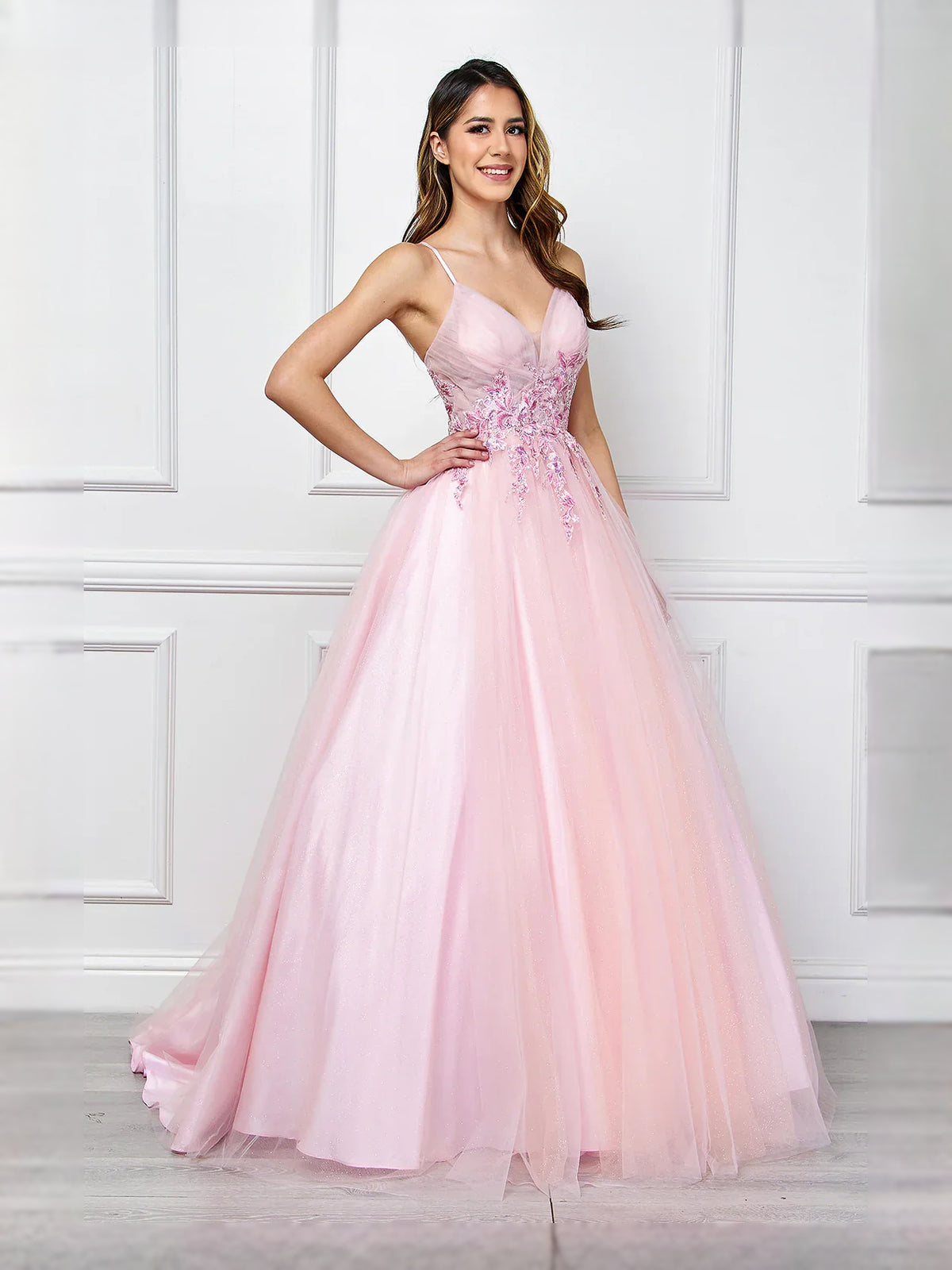 Celadon floor-length prom dress, alternate view showing the overall dress design
