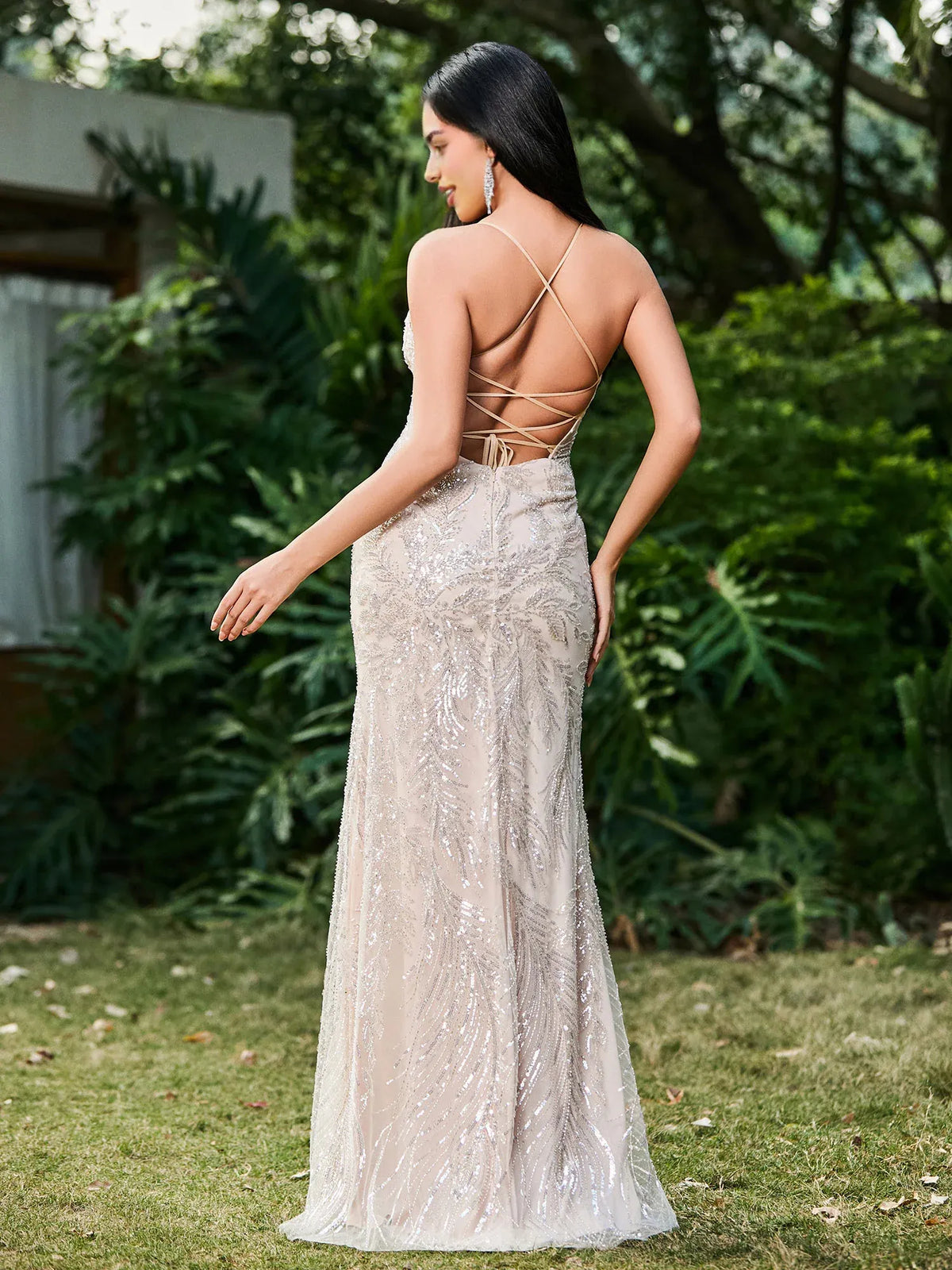 Cream mermaid maxi formal dress with beading, alternate view showing the waist
