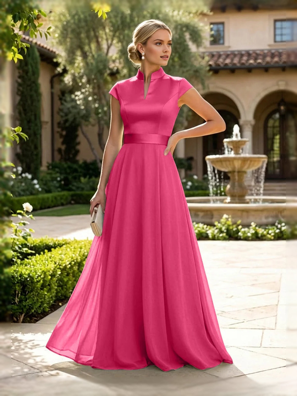 Fuchsia floor-length mother of the bride dress, alternate view showing the overall dress design