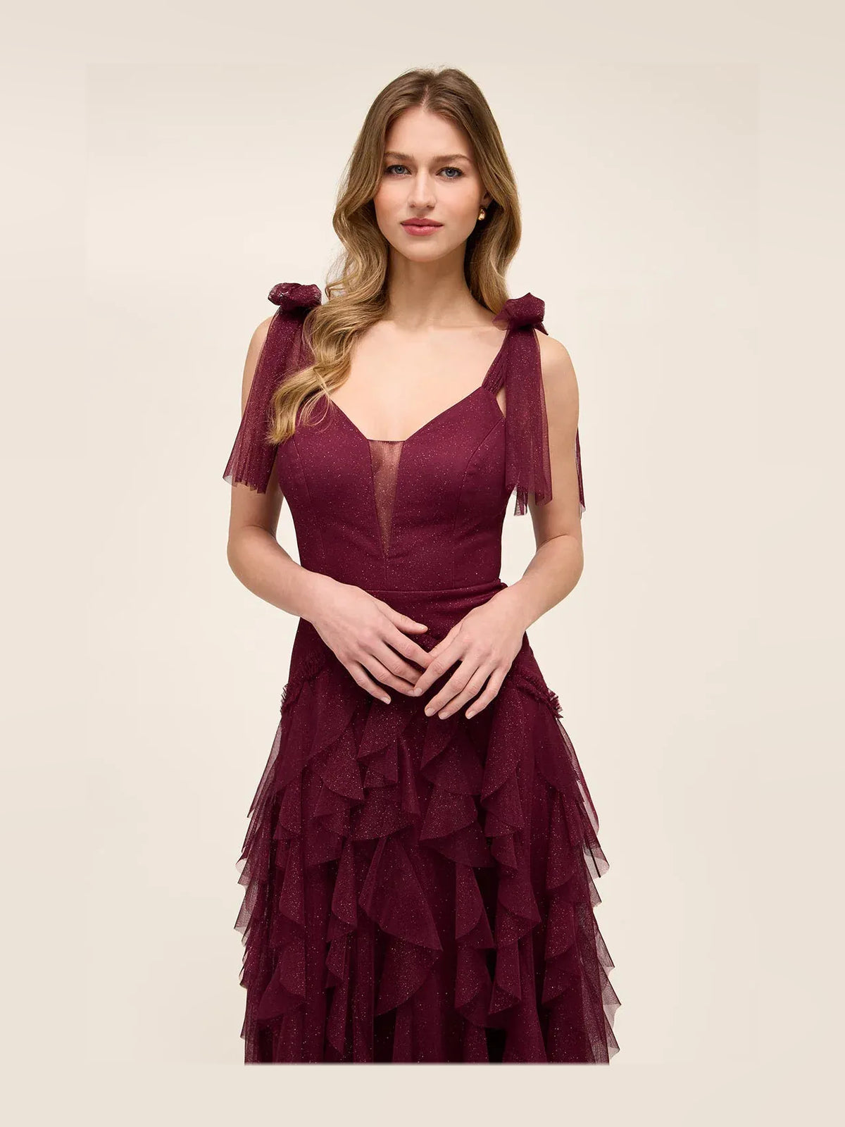 Cabernet maxi prom dress, back view showing the rear of the dress in an additional pose