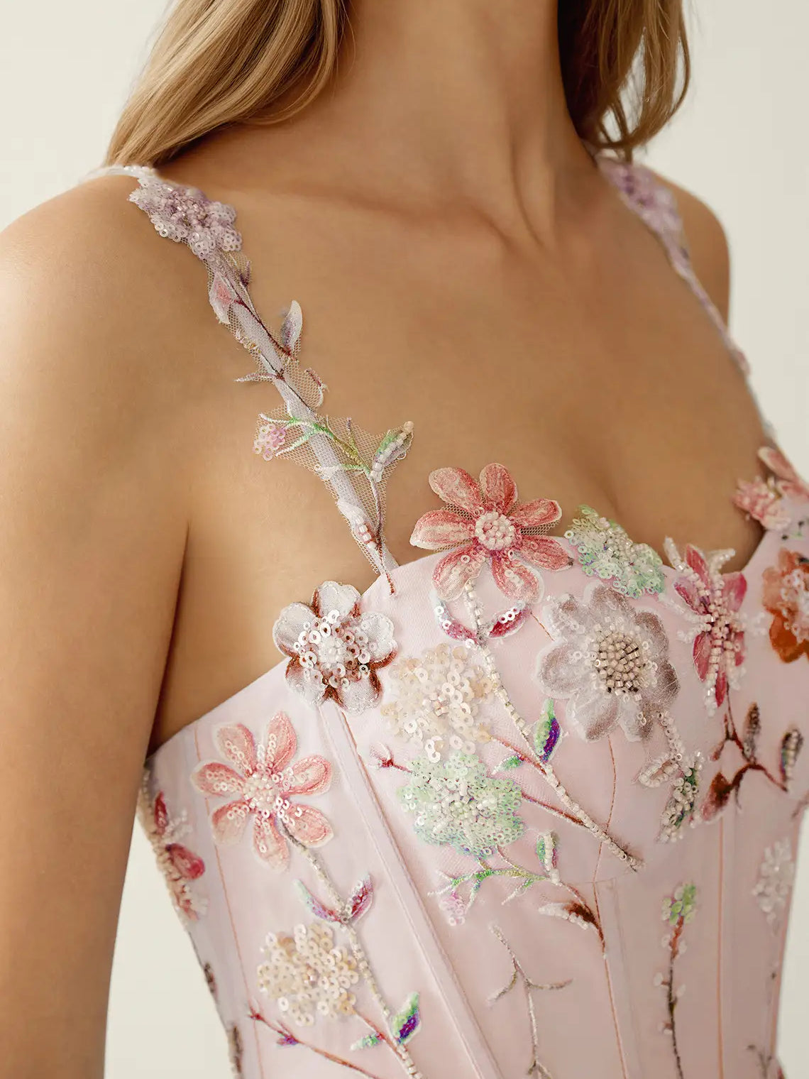 Blush Pink fit-and-flare floor-length formal dress with corset-style bodice, alternate view