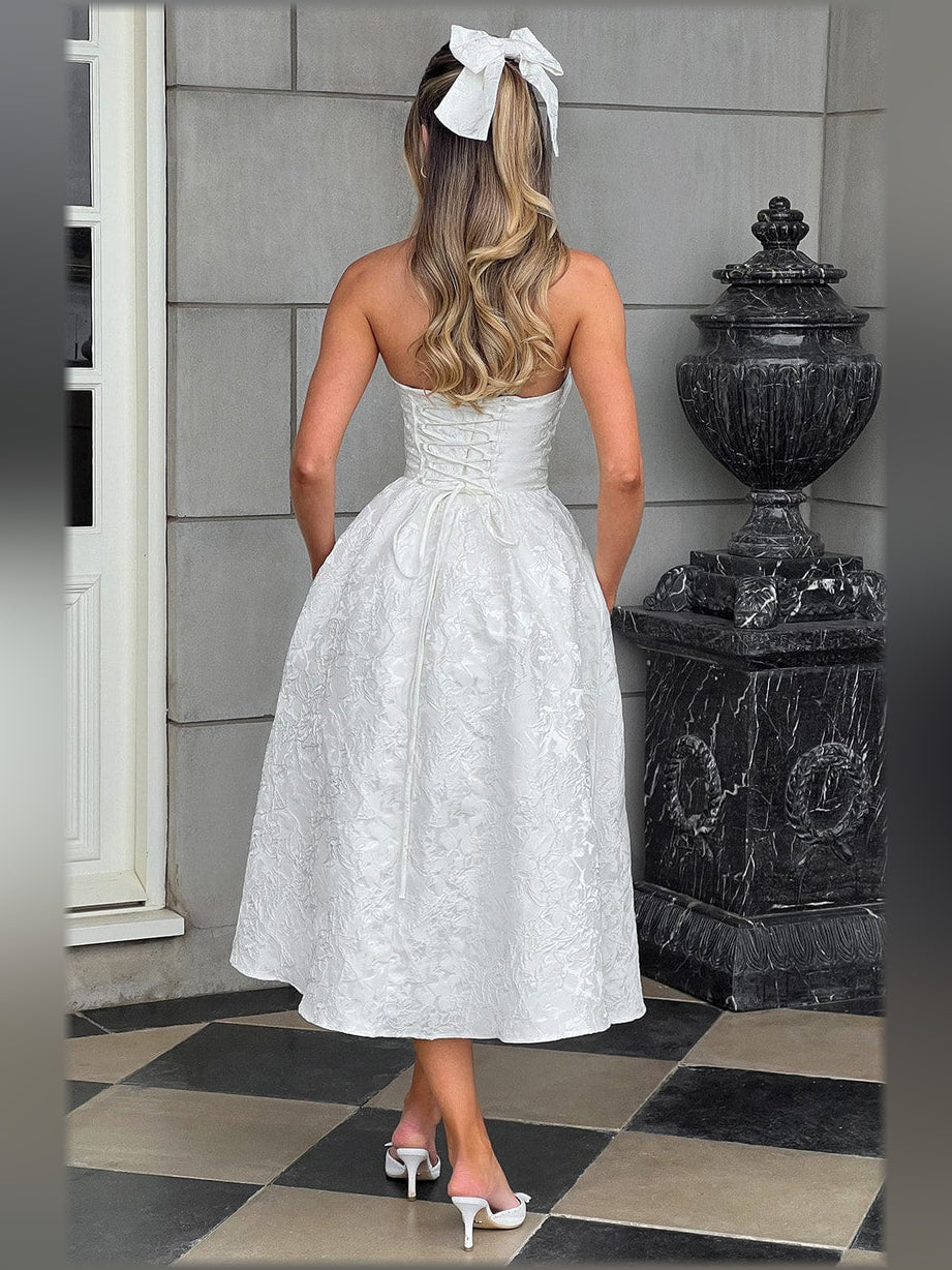 Red midi formal dress with corset-style bodice, alternate view showing the waist
