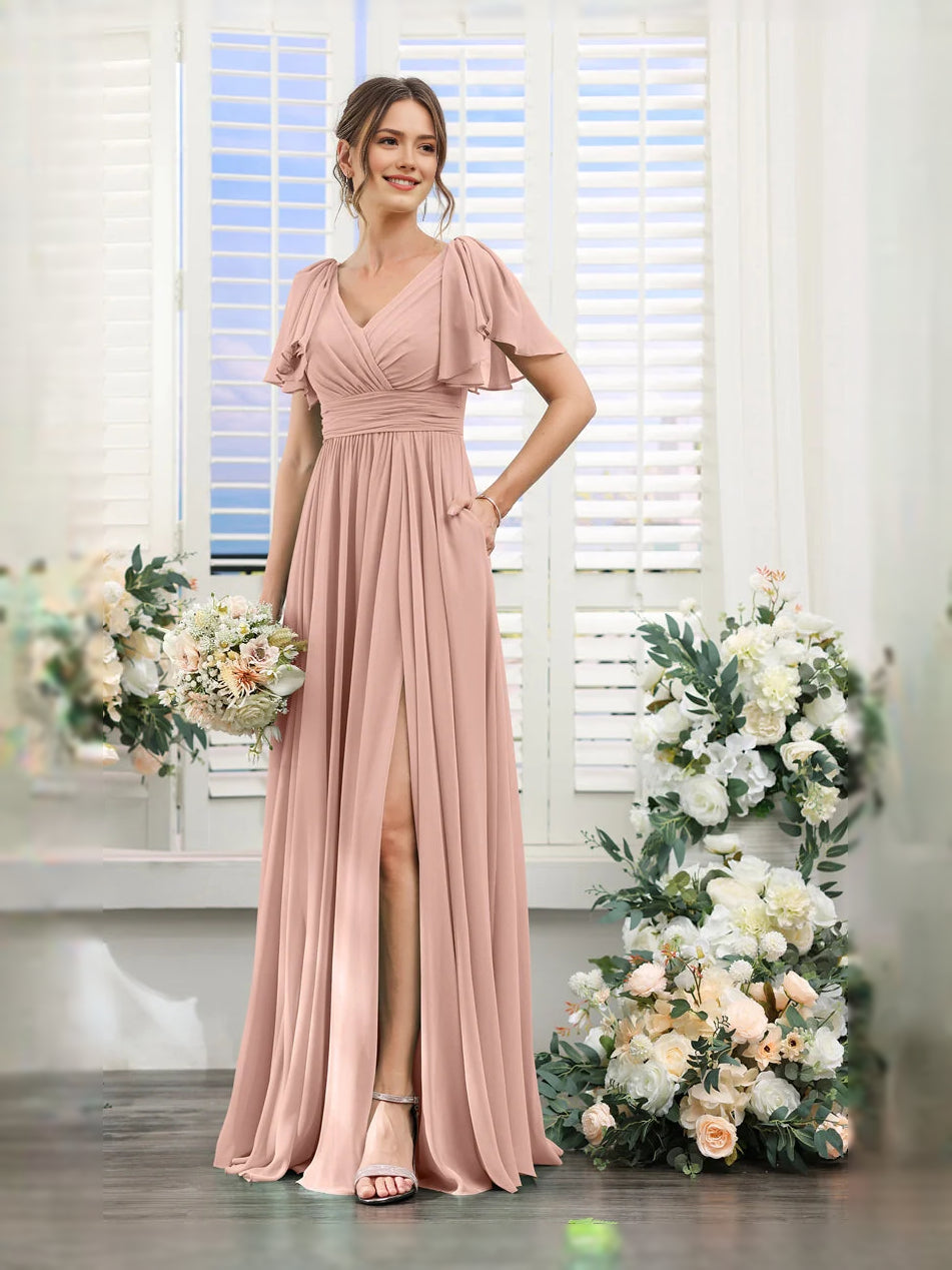 Dusty Rose maxi bridesmaid dress, alternate view showing the overall dress design