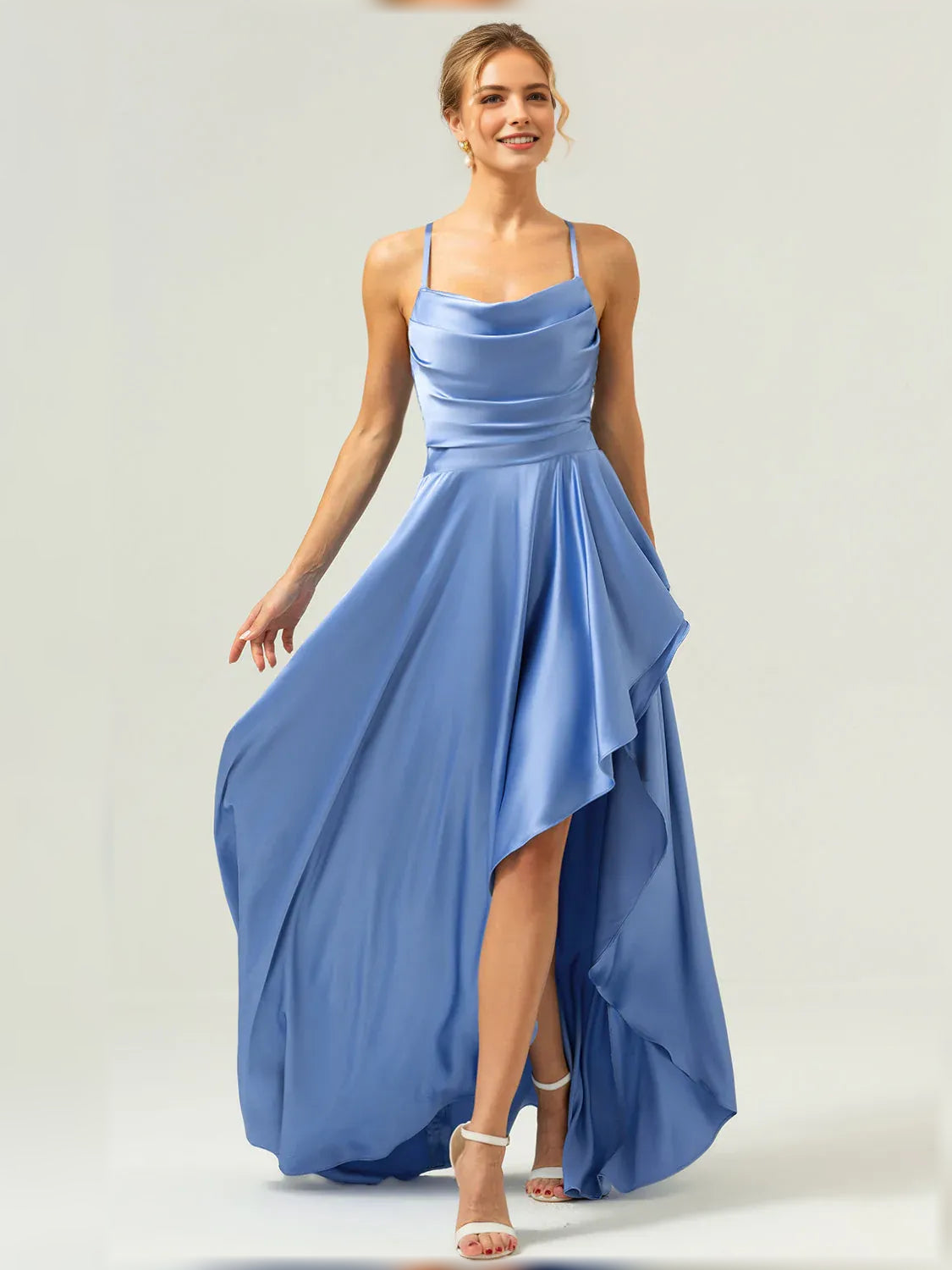 Blue a-line floor-length formal dress with ruffle details, alternate view