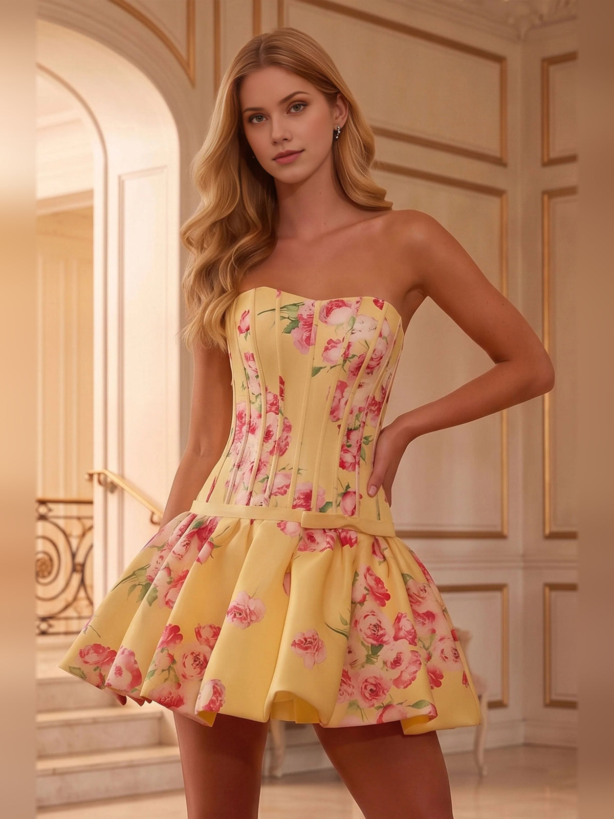 Yellow mini homecoming dress, alternate view showing the overall dress design