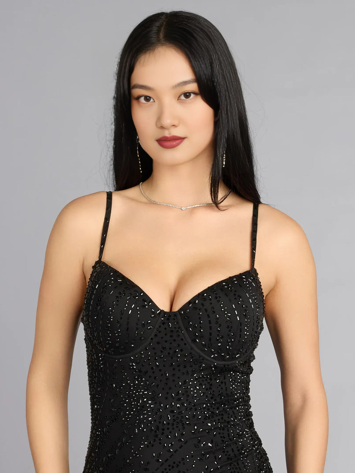 Black mermaid floor-length formal dress with corset-style bodice, alternate view