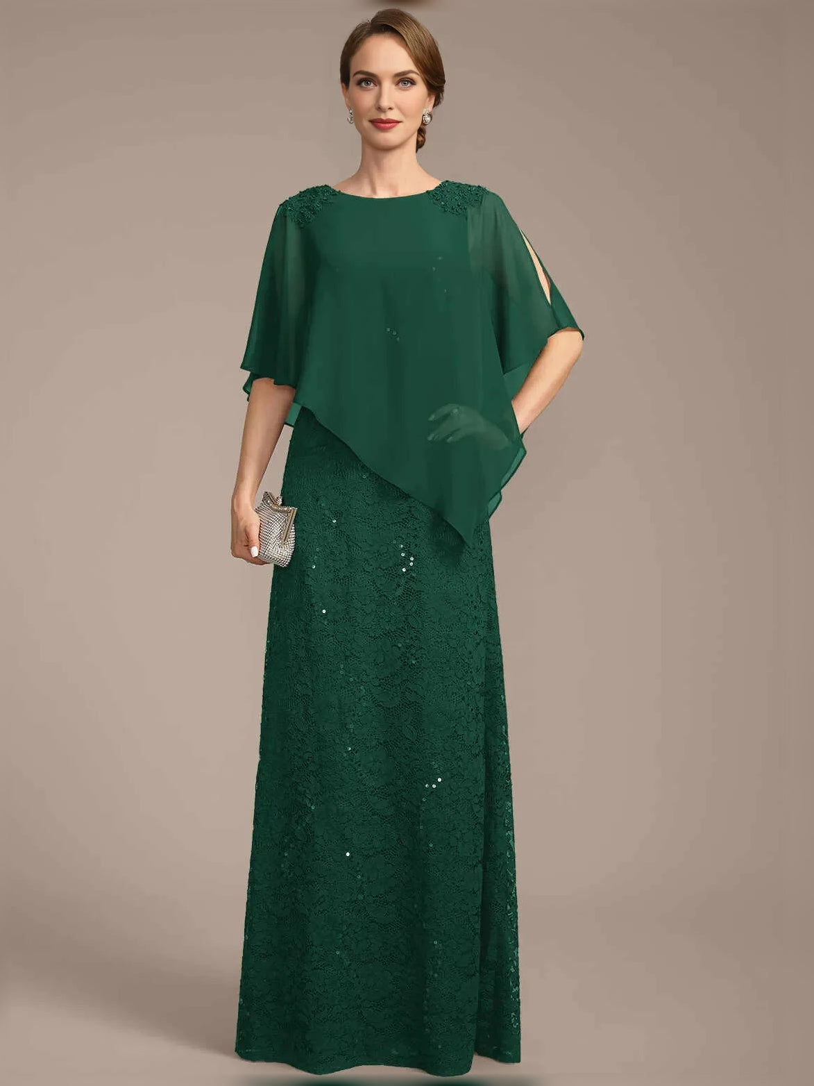 Dark Green floor-length mother of the bride dress, alternate view showing the overall dress design