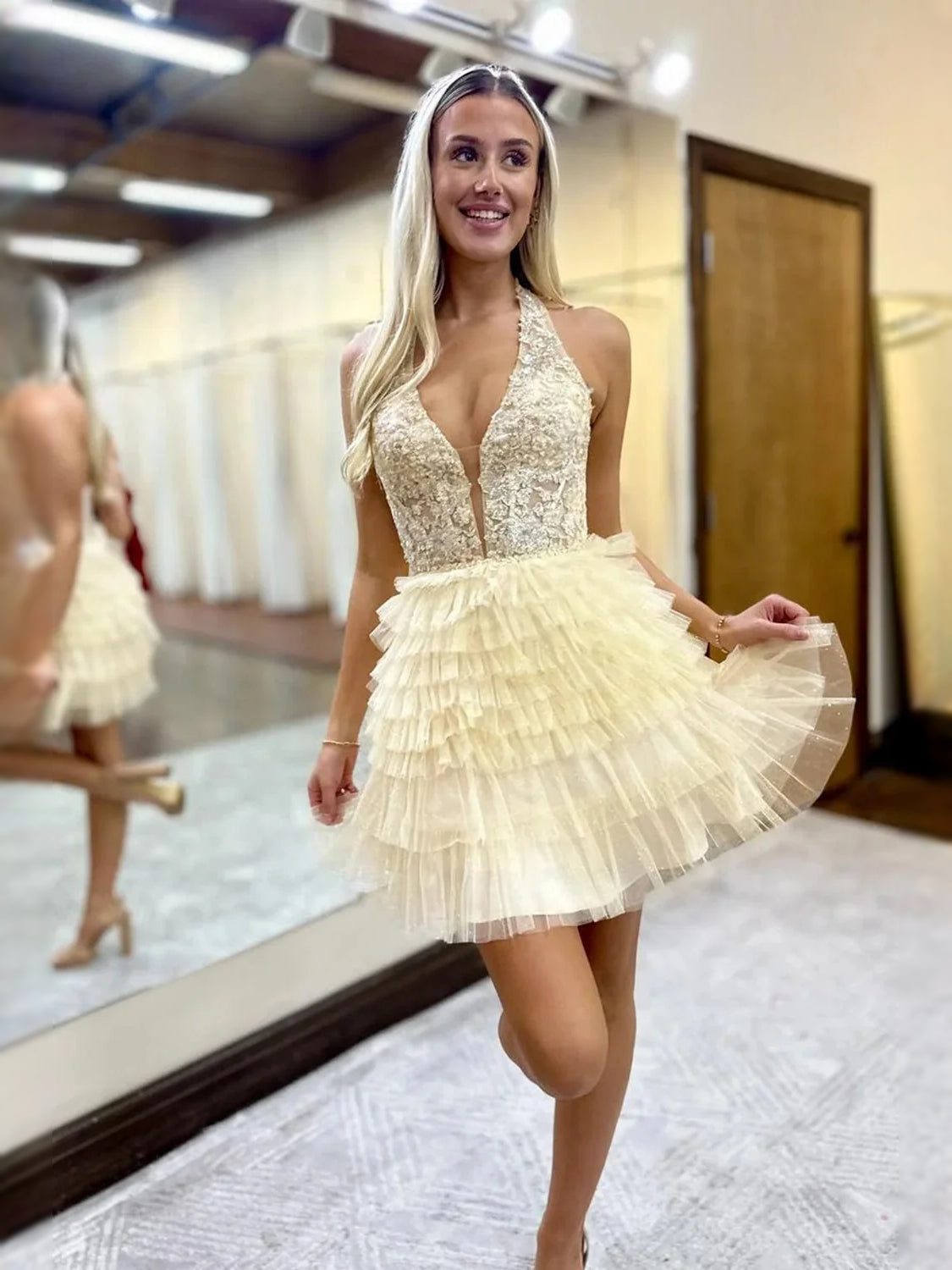 Pale Lemon mini prom dress, alternate view showing the overall dress design