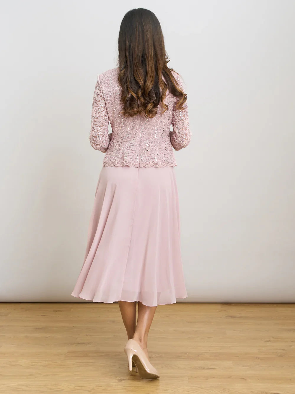 Dusty Pink midi mother of the bride dress, alternate view showing the overall dress design