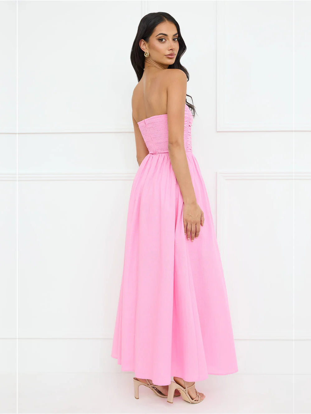 Pink a-line maxi formal dress with strapless neckline, alternate view showing the waist